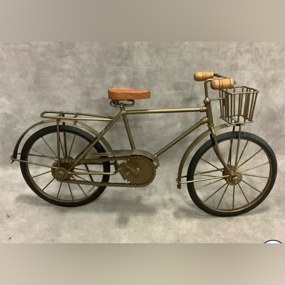 Vintage Metal Art Bicycle Model with Wooden Seat, Rubber Tires, 19”L X 10”H